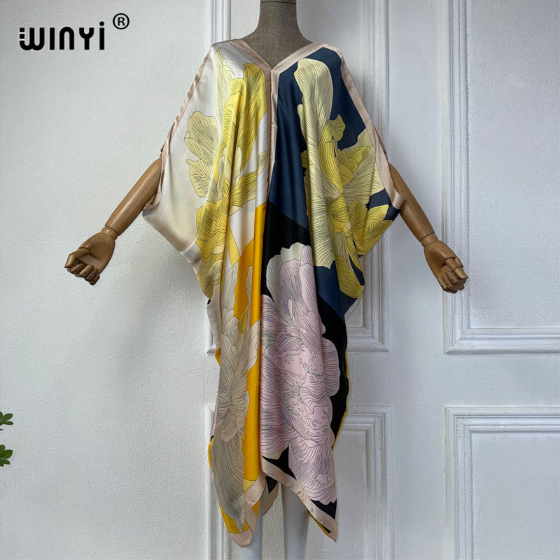 Robe Silk Women - WINYI 아프리카 V넥 원피스 프린트 비치