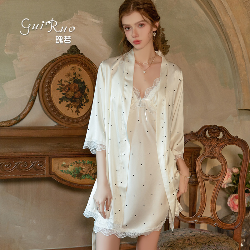 스위트 아이스 실크 새틴 도트 프린트 레이스 패치워크  - Robe Silk Women 리뷰 및 가격