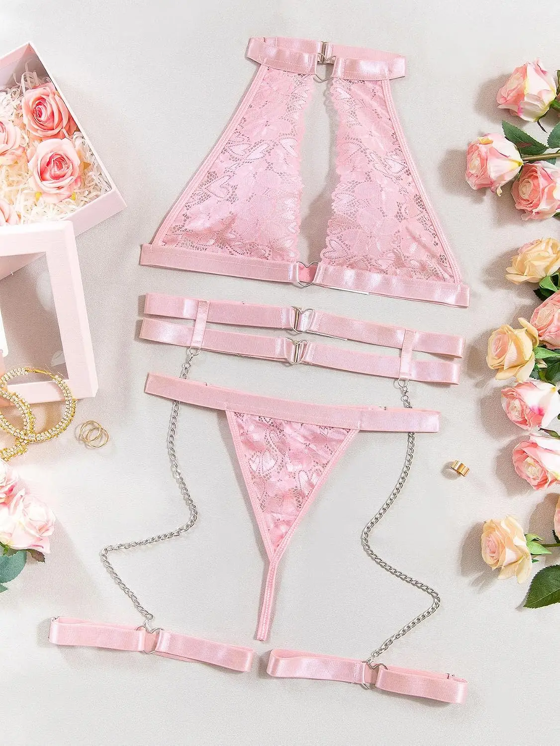 폭시니 섹시 홀터 하트 링 컷아웃 체인 플로럴 레이스  - Garter Belt Set 리뷰 및 가격